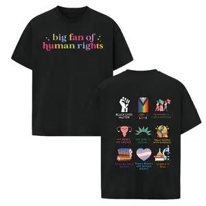 GGOR Retro "Big Fan of Human Rights" Graphic Tee - Premium Cotton-Poly Blend, Vintage Inspired, Colorful Lettering & Social Justice Grid, Casual Streetwear Top for Men & Women shirts