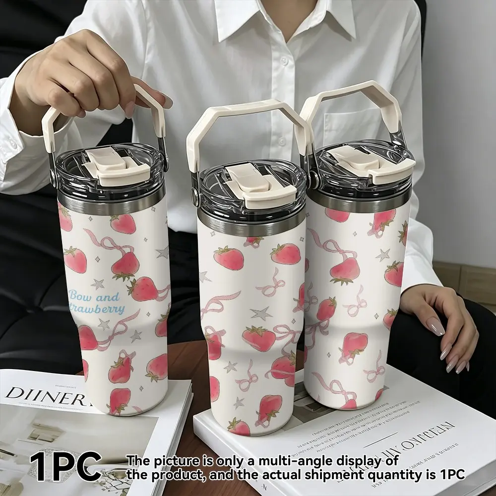 Strawberry Print 30oz Outdoor Water Cup, 304 Stainless Steel Travel Mug, Reusable Coffee Cup for Hot and Cold Drinks, Ideal Gift for Women