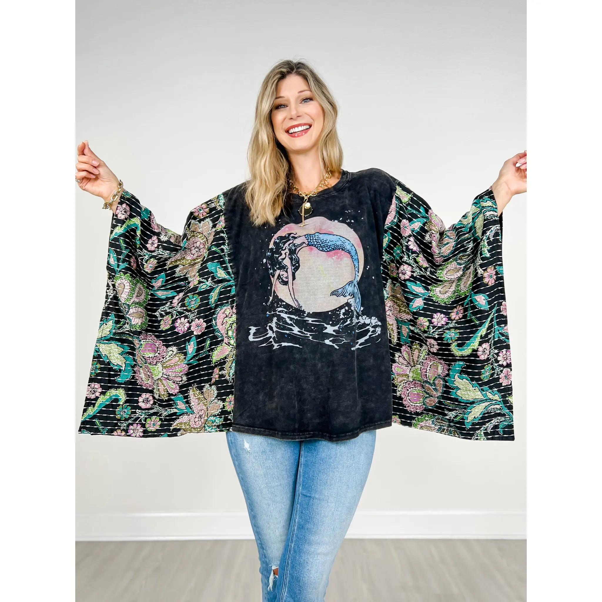 Mermaid Print Kantha Poncho Top