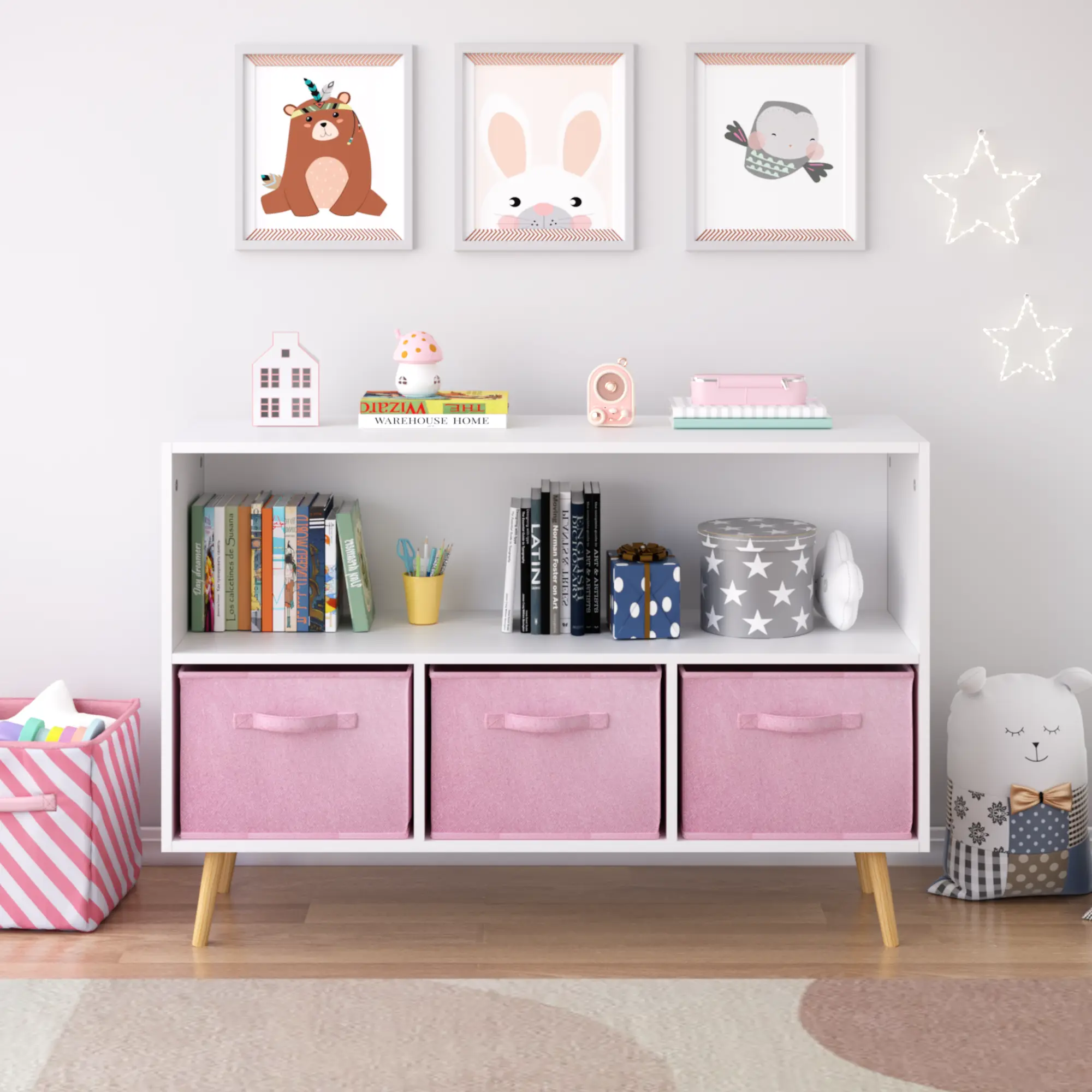 Kids Front-Facing MDF & Pine Bookshelf Book Rack - Stable Contemporary Playful Space-Saving Indoor Furniture with 3 Collapsible Fabric Bins, 3-Drawer Multi-Functional Organizer for Playroom, Bedroom (Assembly Required, White+Pink)