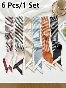 6 Pcs / 1 Set Vintage Striped Elegant French Style Polyester Scarf Set, Women and Girls, Multifunctional Headband, Woven Ribbon, Bag Accessories, All Season, Polyester Material, Scarf Set For Women, Multifunctional Use, Stripe Pattern
