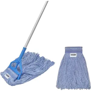 Heavy Duty Commercial Cotton Mop with 61” Handle – 2 Blue Looped-End Mop Heads – Industrial Wet Mop for Floor Cleaning