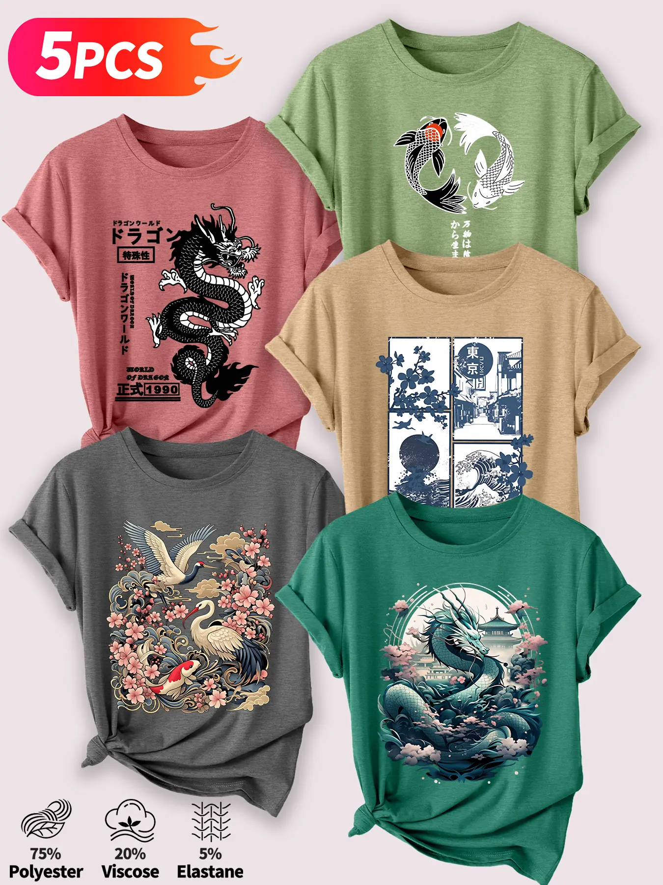 Women's 5Pcs Fitted Crew Neck T-Shirts, Animal Tee, Round Neck, Womenswear, Japanese Dragon Koi & Crane Series Print, Multiple Colors Available, Machine Washable, Spring & Summer Tops, Soft Skin-Friendly Fabric, Daily Versatile, Casual Fashion Design