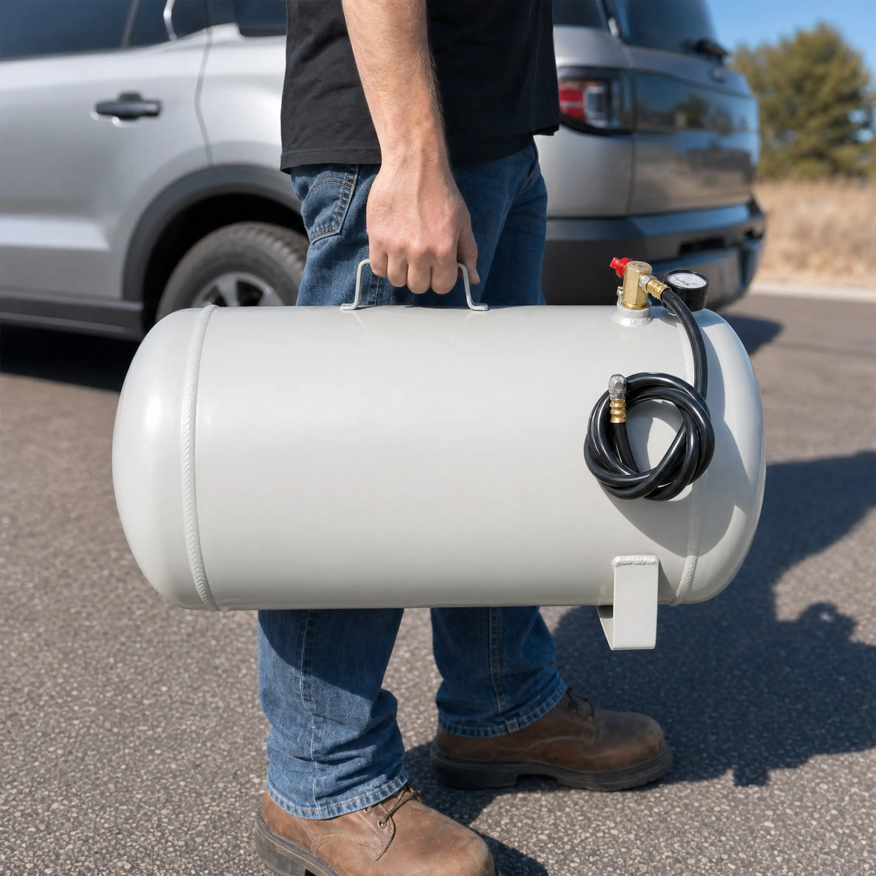 Portable 5-13 Gal Aluminum Air Compressor Tank, Lightweight Durable Design with Pressure Gauge, Safety Valve, 47-in Hose for Easy Tool Connection