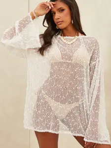Women's Solid Color Fishnet Knit Cover Up Dress, Casual Long Sleeve Open Front Cover Up for Beach Holiday Vacation, Ladies Swimwear for All Seasons, Sheer Cover Ups