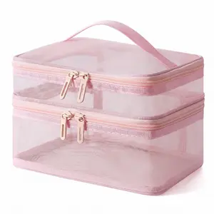 Double Layer Mesh Cosmetic Bag Large Capacity Zipper Makeup Pouch Portable Wet Dry Separation Storage Bag Lightweight Travel Organizer Perfect for Storing Skincare Products Toiletries Daily Supplies for Outdoor Trip Business Trip and Daily Outing-MM1