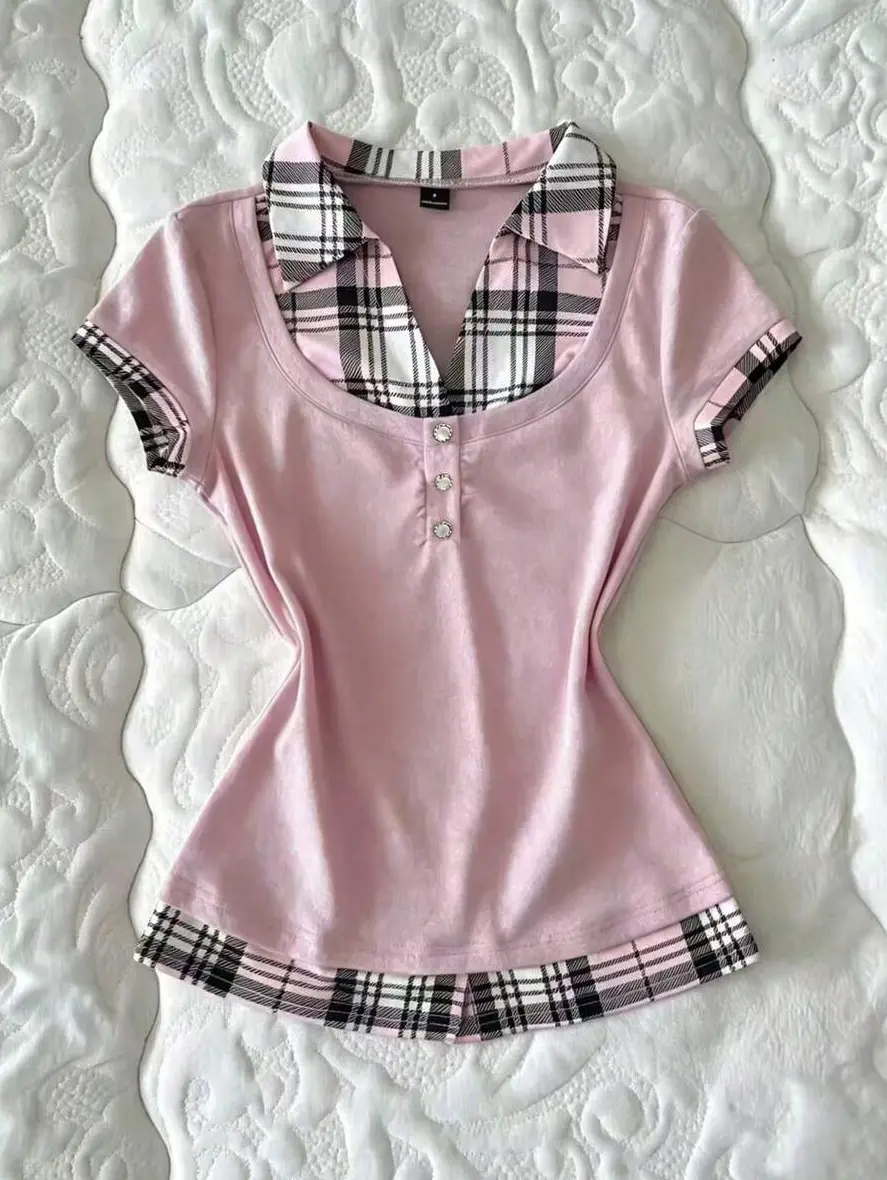 Women's Summer Casual Plaid Patchwork Shirt Collar 2 In 1 Short Sleeve Slim Fit T-Shirt