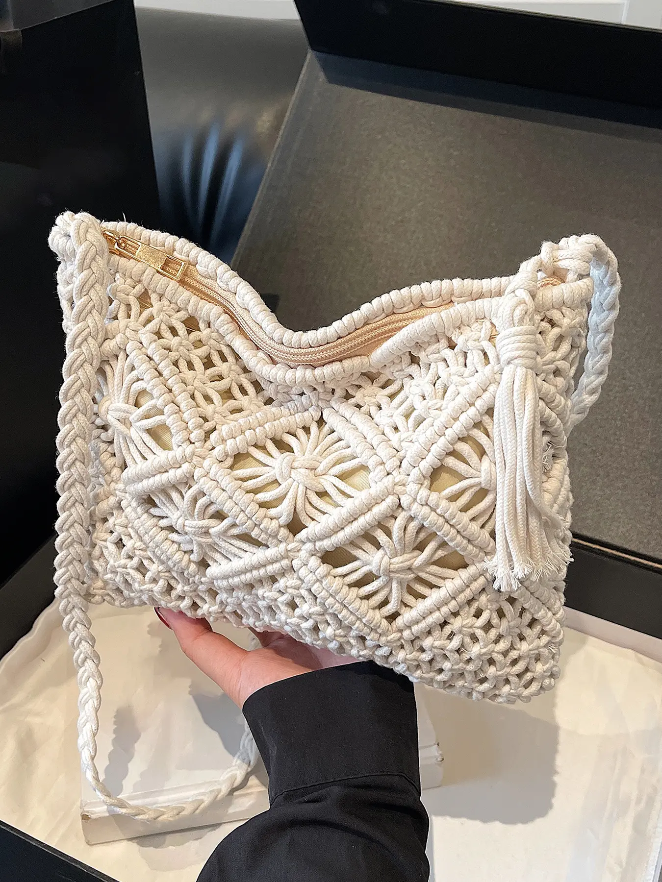 Small hand-woven hollow flower design straw bag, holiday style shoulder underarm bag, literary tassel decorated handbag, Crochet Shoulder Bag, Embellished Shoulder Bag, Trendy shoulder bag, suitable for shopping, dating, vacation, travel