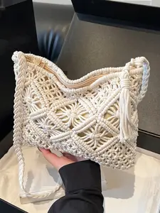 Small hand-woven hollow flower design straw bag, holiday style shoulder underarm bag, literary tassel decorated handbag, Crochet Shoulder Bag, Embellished Shoulder Bag, Trendy shoulder bag, suitable for shopping, dating, vacation, travel