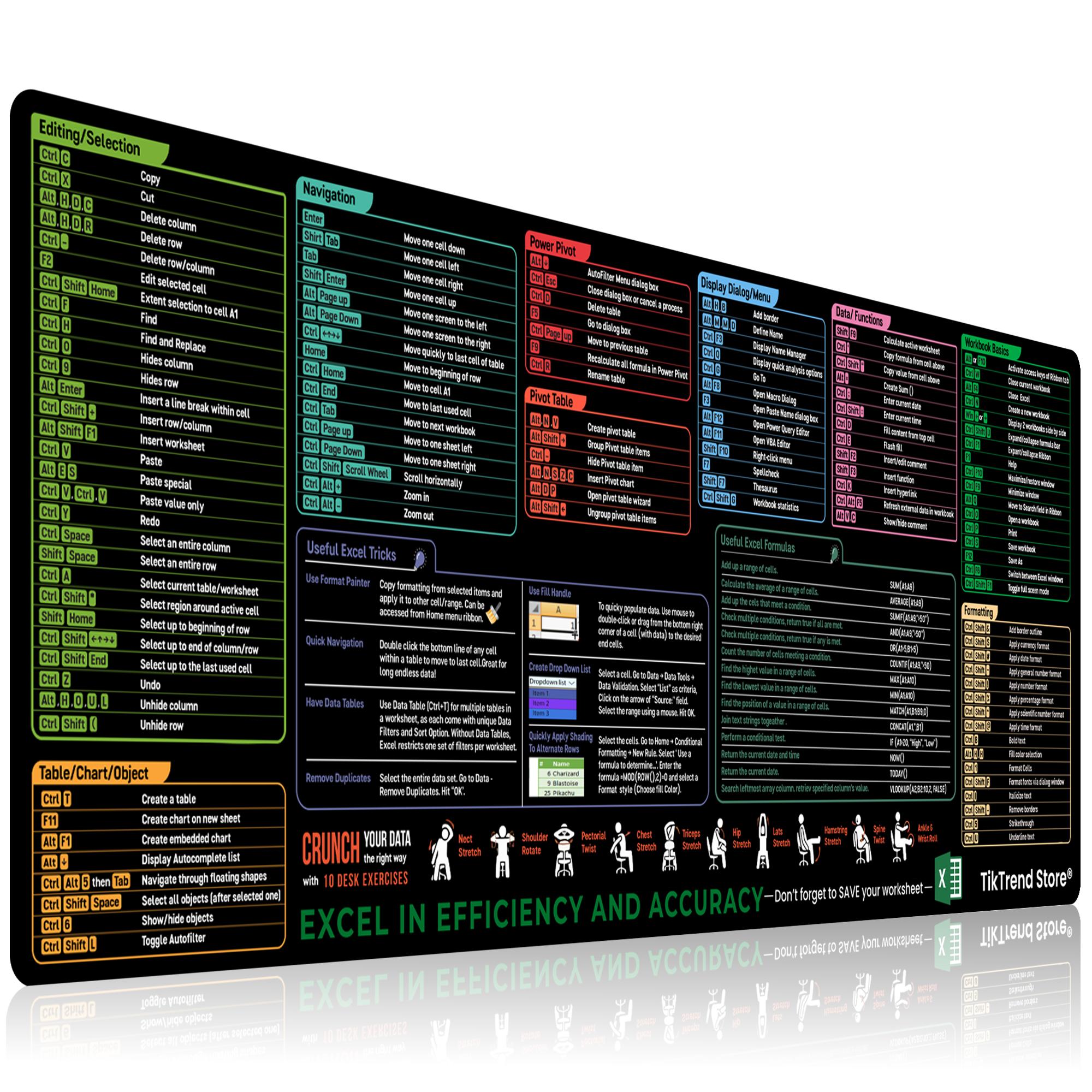 TikTrend Store Excel Cheat Sheet Desk Mat Large 31.5"x11.8" Excel Keyboard Shortcut Mouse Pad Durable Premium Quality No