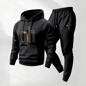 Men's 2-Piece Loose-Fitting Polyester Fabric Bible Verses Print Hoodie & Drawstring Sweatpants Set, Casual Autumn Athletic Long-Sleeve Hooded Tracksuit, Menswear for Daily Indoor-Outdoor Wear