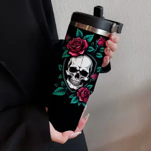 30oz Large Capacity Portable Insulated Stainless Steel Tumbler, Rose Skull Design, Double Wall, Straw Lid, Sports Outdoor Coffee Cup, Halloween