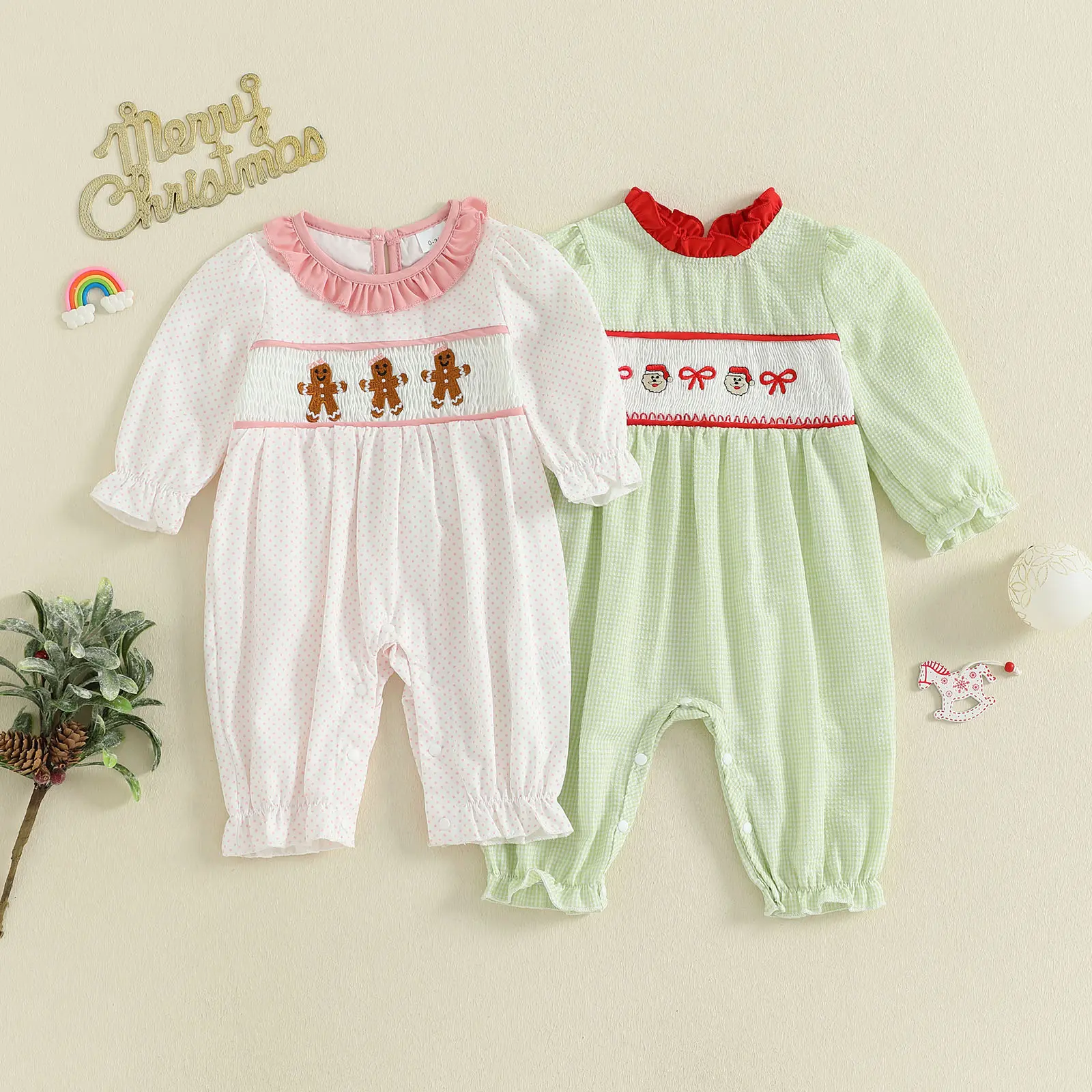 Infant Baby Girl Bubble Romper Santa/Gingerbread Embroidery Smocked Long Sleeve Christmas Fall Winter Jumpsuit 0-18 Months