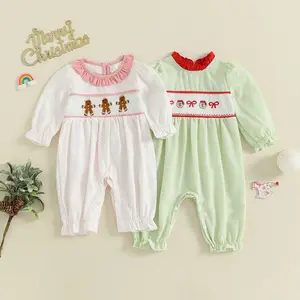 Infant Baby Girl Bubble Romper Santa/Gingerbread Embroidery Smocked Long Sleeve Christmas Fall Winter Jumpsuit 0-18 Months