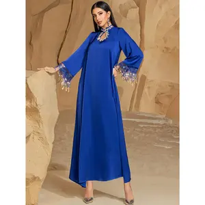 Elegant Blue Kaftan with Sparkling Accents - Long Sleeve, Loose Fit, Perfect for Islamic and Muslim Women, Ideal for Parties and Formal Events, Formal Event Attire | Elegant Long Dress | Rhinestone Embellishments, Kaftan
