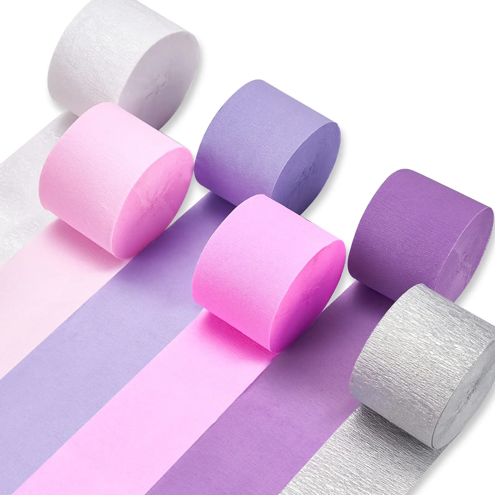 PartyWoo FSC-Certified Crepe Paper Streamers, 6 Rolls (1.8in x 82ft/Roll, 492ft Total) - Metallic Silver, Lavender, Purple, Blush Pink, White Party Decoration Supplies for Birthday, Wedding