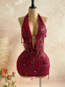 Women’s 2-Piece Sequin Tassel Set – Shiny Halter Top & Mini Skirt Outfit for Party, Festival, Holiday