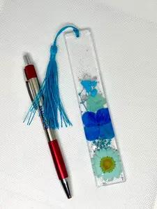 Resin Bookmark with Real Blue Pressed Flowers, Silver Glitter, and Teal Tassel