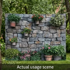1 PC 2D Flat Banner Backdrop Stone Wall With Potted Plants And Flowers Photography Background For Outdoor Garden Party Decor