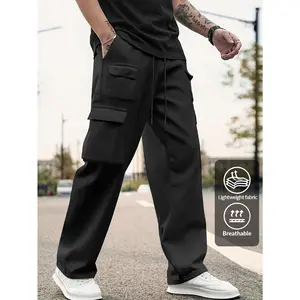 HIDKAT Men's Lightweight Breathable Multi-Pocket Pants - Heavy-Duty Casual Outdoor Pants with Drawstring Waist, Solid Color, Suitable for Daily Outdoor & Summer Workwear (Machine Washable)