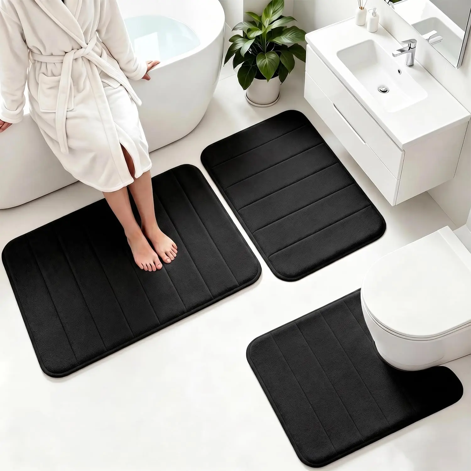 3‑Piece Memory Foam Bath Mat Set, Super Soft Plush Absorbent Bathroom Rugs, Non‑Slip Quick‑Dry Machine Washable Floor Mats, Home Decor Accessories for Bathroom