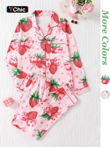 Two-Piece Fruit Print Long Sleeve Pajama Set, Lightweight Button-Up Top and Pants, Elegant Women's Sleepwear and Homeewear, Loungewear