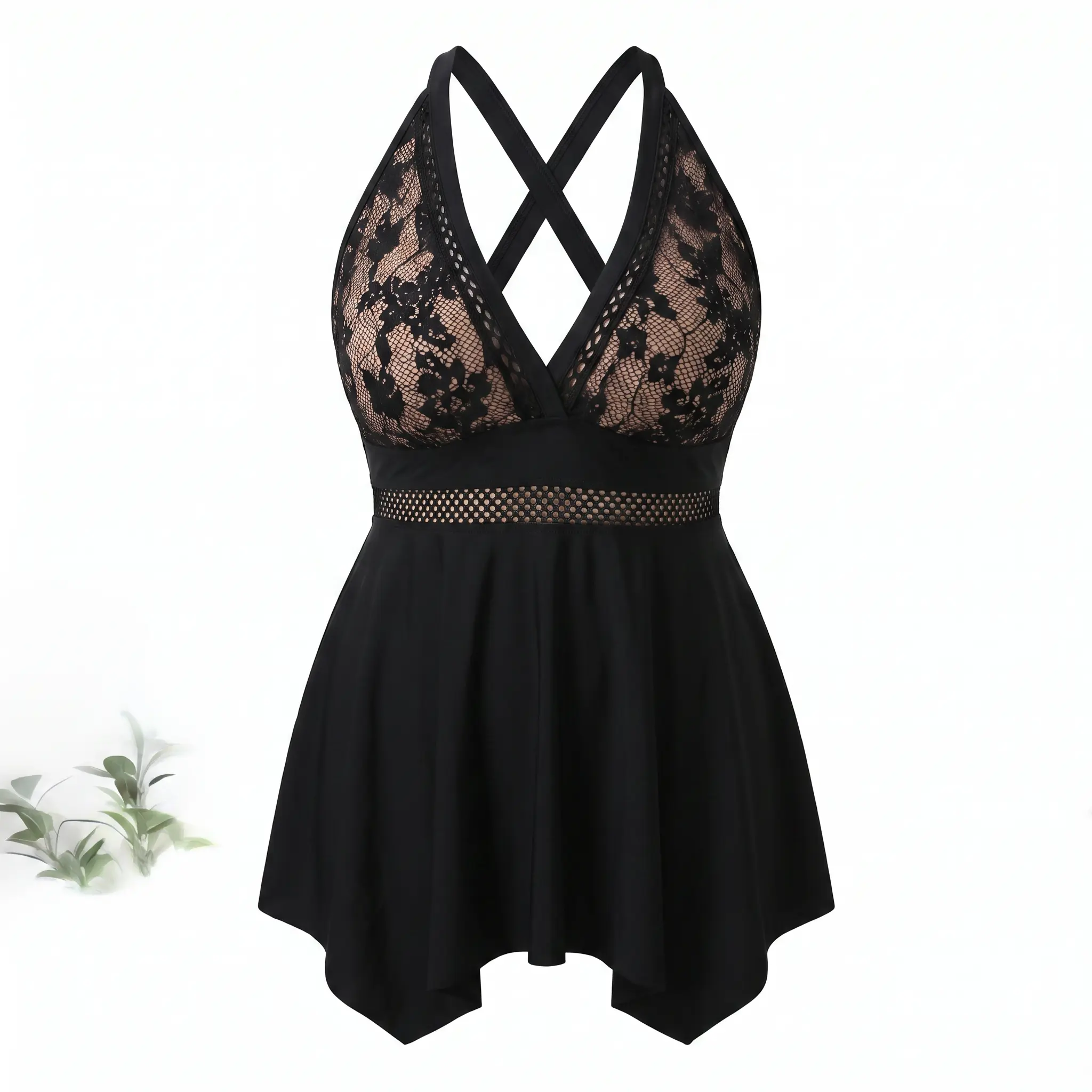 Elegant Black Lace Halter Top with Criss Cross Design and Asymmetrical Hemline for Women, Fashion, Style