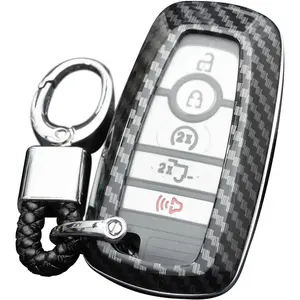 Carbon Fiber Car Key Fob Cover Case Chain Compatible with Ford F-150 Raptor Explorer Escape Fusion Bronco Sport Edge Lincoln Corsair Nautilus