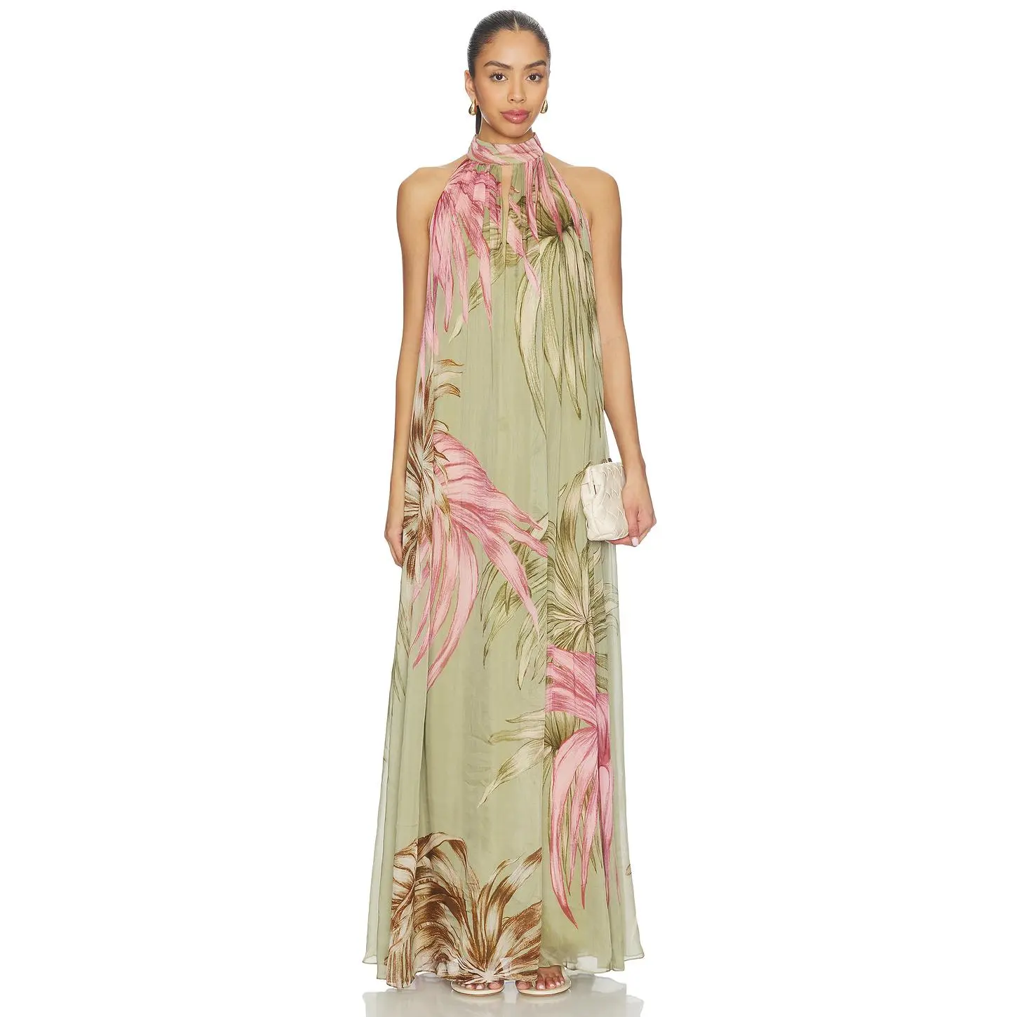 Women's ROCOCO SAND Casual Flared Maxi Dress, Floral Printed Button-Front Green Fabric Dress