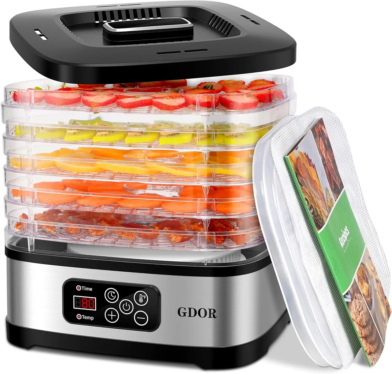 GDOR Food Dehydrator Includes Mesh Screen, Fruits Roll Sheet, Recipes, GDOR 5 Trays Dehydrator Machine with Temp Control & 72H Timer & LED Display, fo