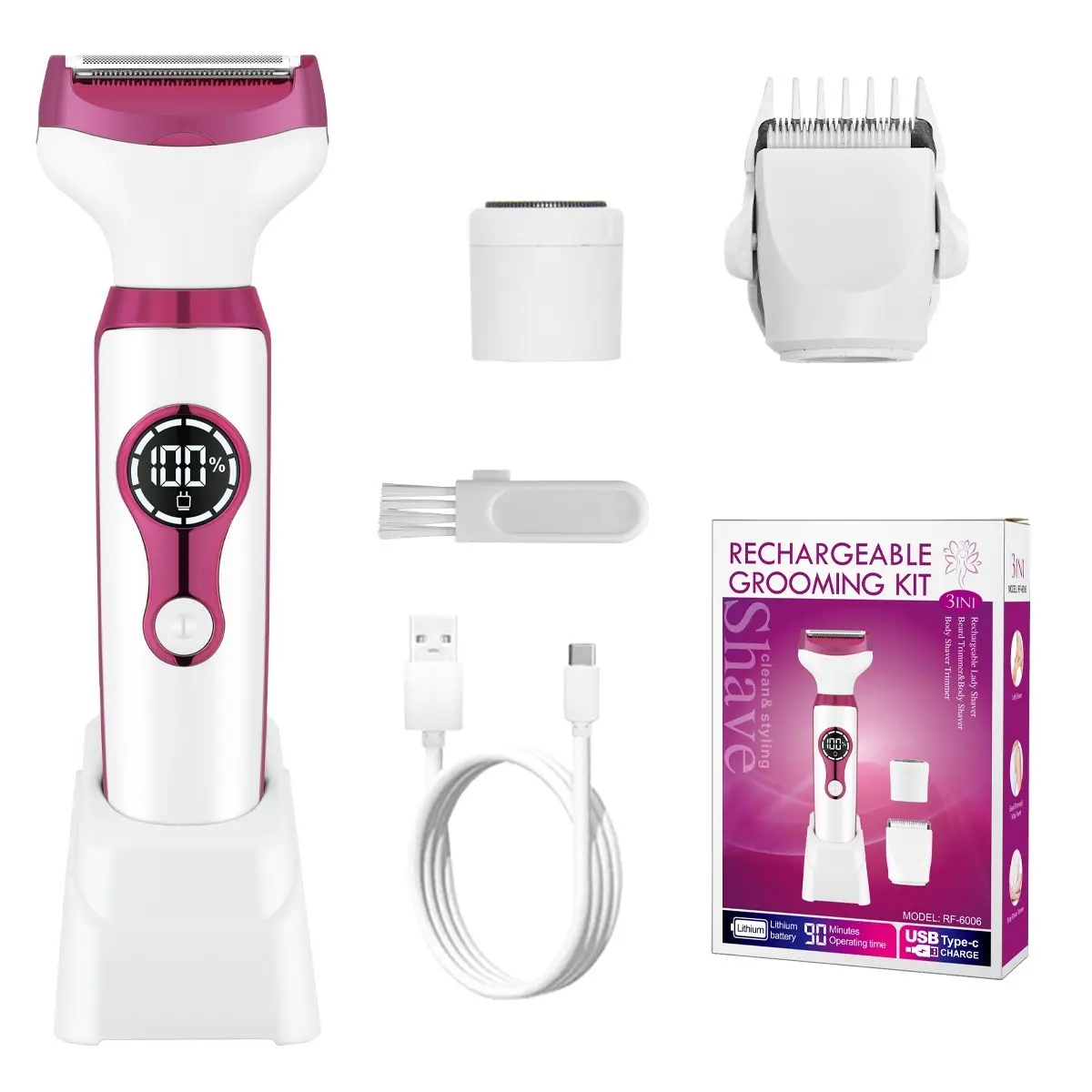 3 In 1 Women Electric Shaver USB Type C Rechargeable Body Hair Remover Trimmer Kit LCD Digital Display Cordless Portable Ladies Grooming Razor For Legs Armpit Bikini