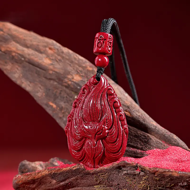 Cinnabar Nine-Tailed Fox Pendant Necklace – Talisman for Love, Luck, Prosperity, and Protection