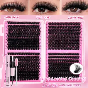 DIY Lash Extension Kit 60D 80D 100D D Curl 10-18mm, Long-Lasting Waterproof Lash Clusters with Gentle Bond & Seal, Easy Beginner Application, Salon Effect at Home, Lightweight Black Lashes with Tweezers & Brush, Eyelash Bond Glue