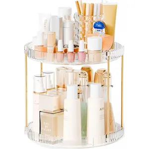 Acrylic 360 Rotating Makeup Organizer and Perfume Organizer,2 Tier Make Up Holder and Acrylic Skincare Organizers for Countertop,Vanity,Bathroom,Clear Spinning Beauty Organizer for Face Product