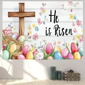 1pc Easter Backdrop Grass Egg Design Colorful Wooden Cross Basket Eggs Floral Pattern for Photo Booth Party Decoration Festive Wall Art