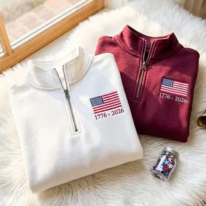 Embroidered USA 250th Anniversary Quarter Zip Sweatshirt: Patriotic Flag 1776-2026