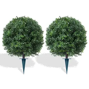 2 Pieces Artificial Boxwood Topiary Trees with Ground Spike, Fake Pine Shrubs Bushes, UV Resistant Faux Evergreen Cypress Tree Plants for Indoor Outdoor Planters & Front Porch