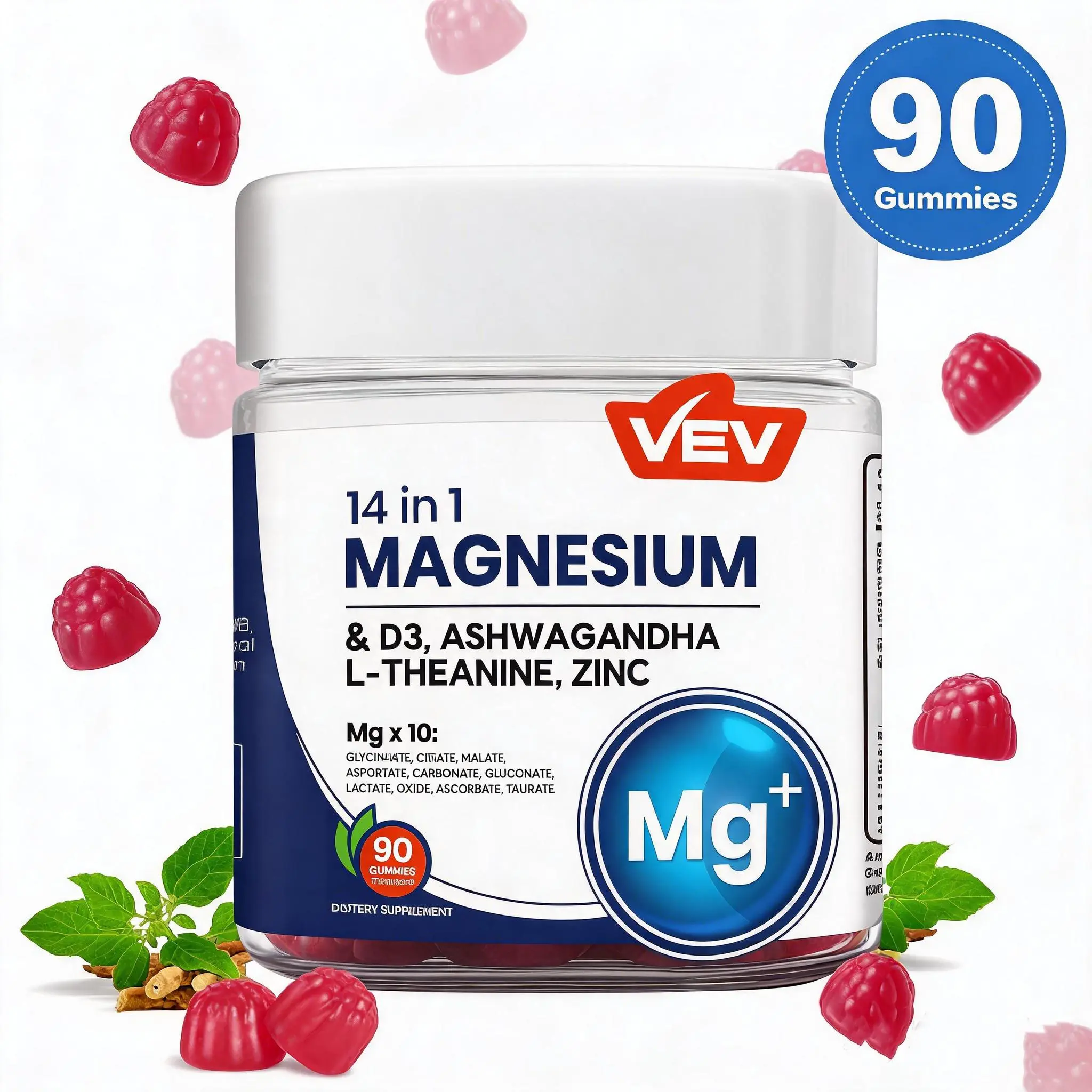 VEV 14-in-1 Magnesium Gummies Complex – Ashwagandha, L-Theanine, D3 & Zinc – 90-Count, Sugar-Free