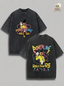 Menswear Soft Powerline 95 World Tour Retro Washed Short-Sleeve T-Shirt - Y2K Style GoofyBand Cartoon Print, Casual Summer Men's Tee, Ideal for Daily Wear, Outdoor Use, Great Father's Day Gift