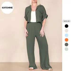 KATCHME Casual Short Sleeve Shirt & Wide Leg Pants Set