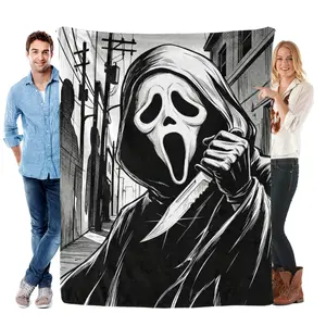 Monochrome Comic-Style Ghostface Scream Fleece Throw Blanket, featuring the iconic masked killer in a gritty alleyway. Soft, cozy, and perfect for horror fans, great for movie nights and spooky-themed decor
