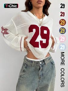 women's colorblock figure pattern hollow out sweater, casual street retro fashion long sleeve pullover for daily wear, ladies knitwear for summer, crop top
