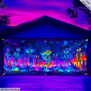 [Glow-in-the-Dark Alien Poster] Glow-in-the-Dark Alien Poster - 1pc UV Reactive Garage Door Decoration, Ultra Large Neon-like Party Decor for Halloween & Sci-Fi Themed Parties - No Electricity Needed, Easy-to-Hang Outdoor/Indoor Hanging Tapestry with Alie