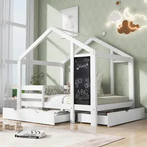 【Bellemave】Twin/Full House Bed with Blackboard and Drawers, Two assembly options, White Unique Stability