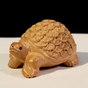 Wood Carved Money Turtle Ornament Home Feng Shui Living Room Office Decoration Desktop Ornament Turtle Statue