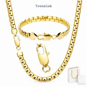 14K Gold Plated Flat Cuban Link Necklace & Bracelet Set, 7mm Waterproof Wear-Resistant Jewelry for Men Women