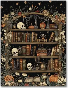 Bookshelf Stamped Cross Stitch Kits for Adults - Book Embroidery Kits for Beginners Adults,11 CT Patterns Dimensions Counted Cross Stitch Kits for Adults Arts Craft 12x16 inch