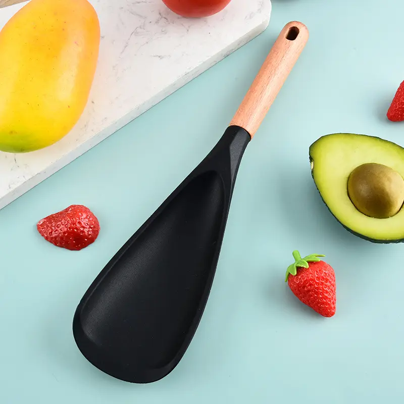 Silicone Cooking Spoon for Nonstick Cookware - Wooden Handle Kitchen Spoon for Mixing, Flipping, Scraping & Serving - Heat-Resistant Spatula for Baking, Stirring