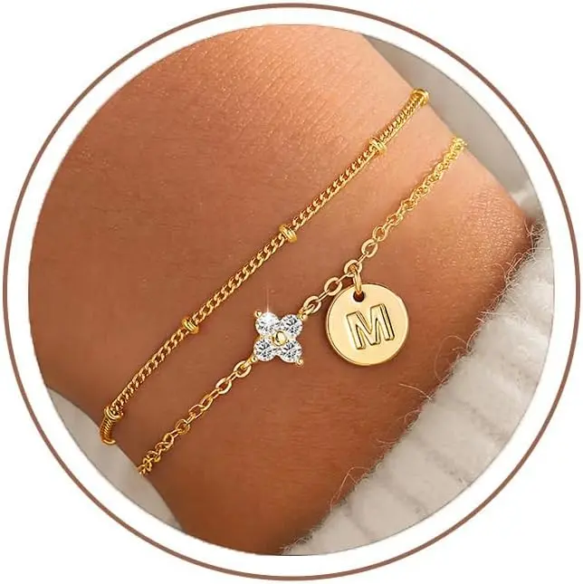 Turandoss Dainty Four Leaf Clover Bracelet for Teens Women Trendy Personalized Initial Bracelet for Teen Girls Jewelry Mothers Day Gifts for Mom Wife