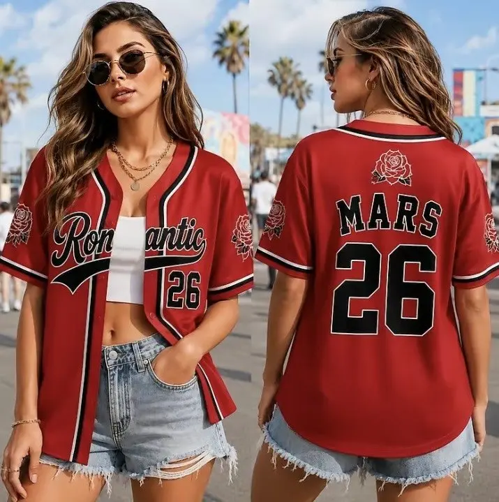 Romantic Red Rose Concert Baseball Jersey | Custom Name Number Music Fan Button-Down Shirt